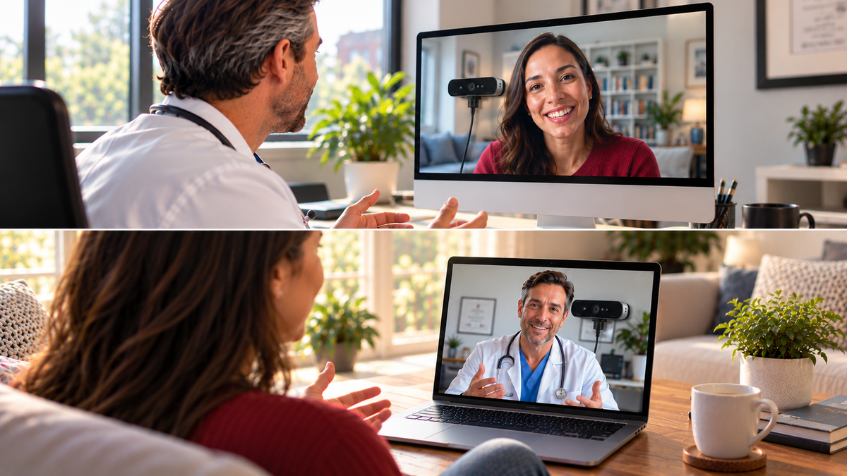 Telehealth with PlexiCam Mag2: the doctor's view on top and the patient's view below, with the webcam centered on screen for natural eye contact
