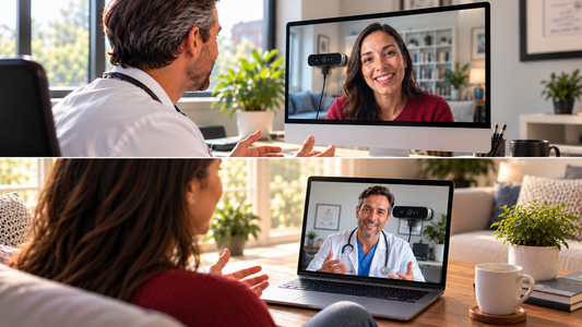 Telehealth with PlexiCam Mag2: the doctor's view on top and the patient's view below, with the webcam centered on screen for natural eye contact