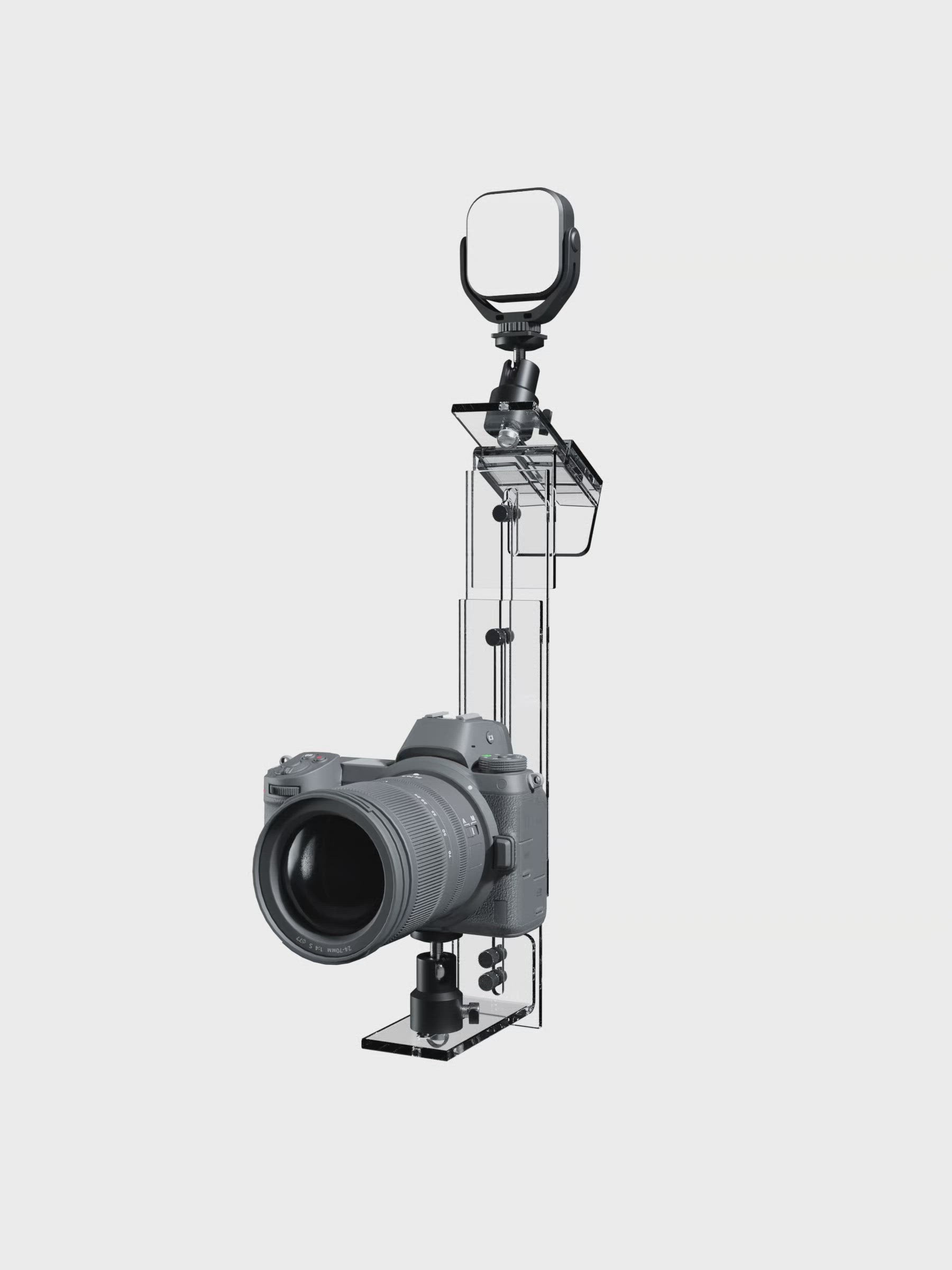 360 degree animation of PlexiCam MAX with LED Light Kit (not included) and mirrorless camera (not included)